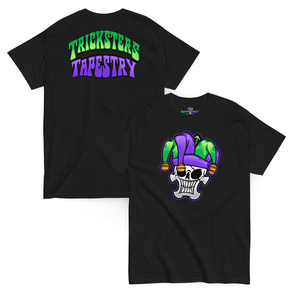 Tricksters Tapestry Jester Logo Black Front and Back