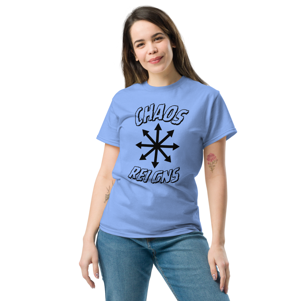 Chaos Reigns Tee Carolina Blue Front Model 3