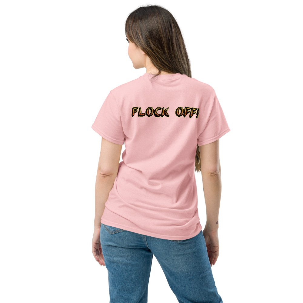 Birds of a Feather Tee, Goose Chasing Seagull and Pigeon while saying FLOCK OFF! Pink Back Model 3