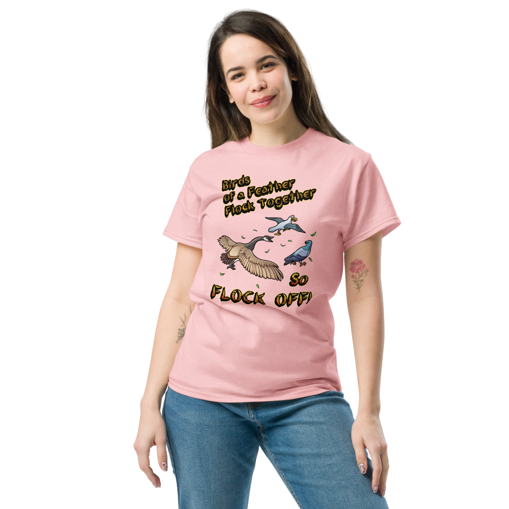Birds of a Feather Tee, Goose Chasing Seagull and Pigeon while saying FLOCK OFF! Pink Front Model 3