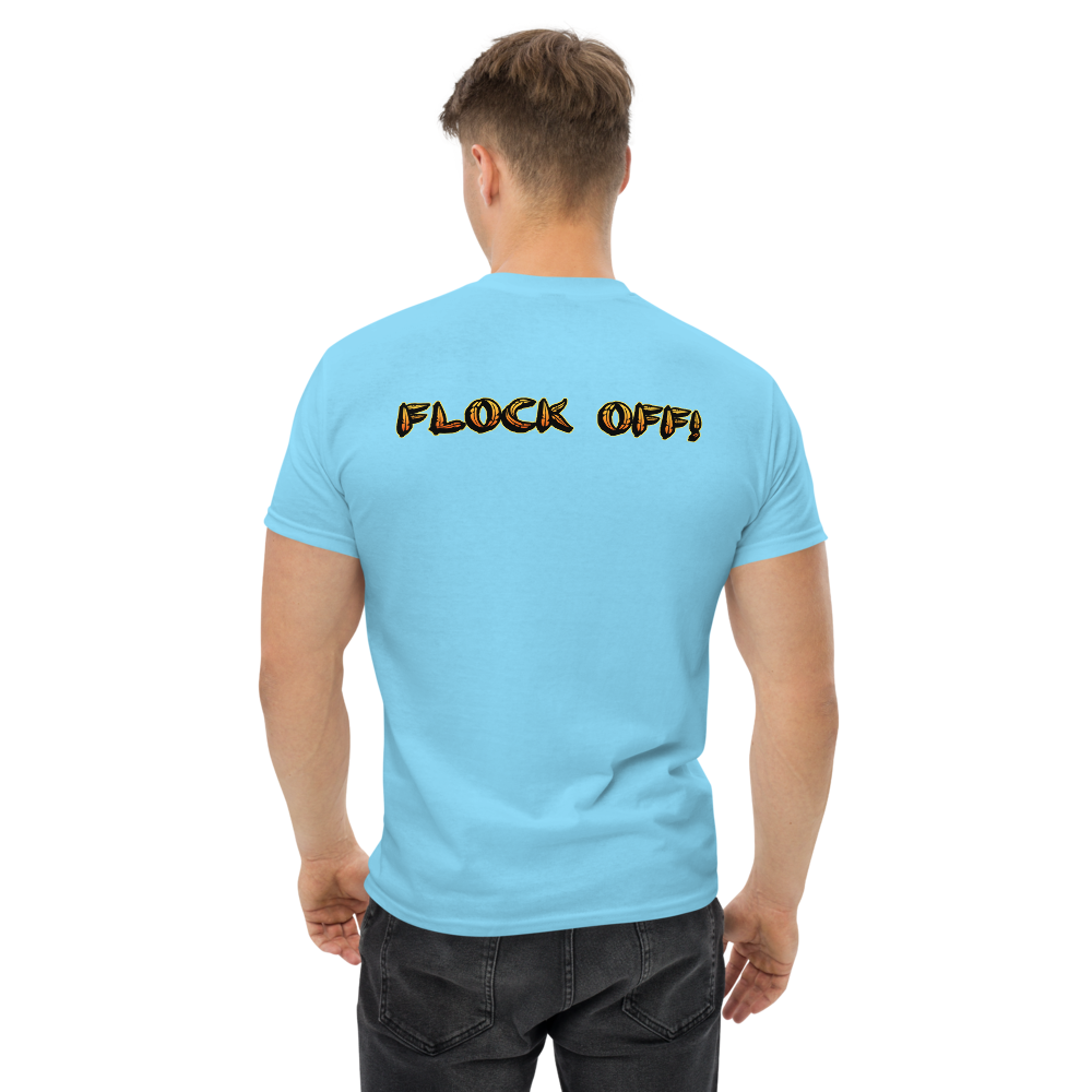 Birds of a Feather Tee, Goose Chasing Seagull and Pigeon while saying FLOCK OFF! Sky Blue Back Model 2