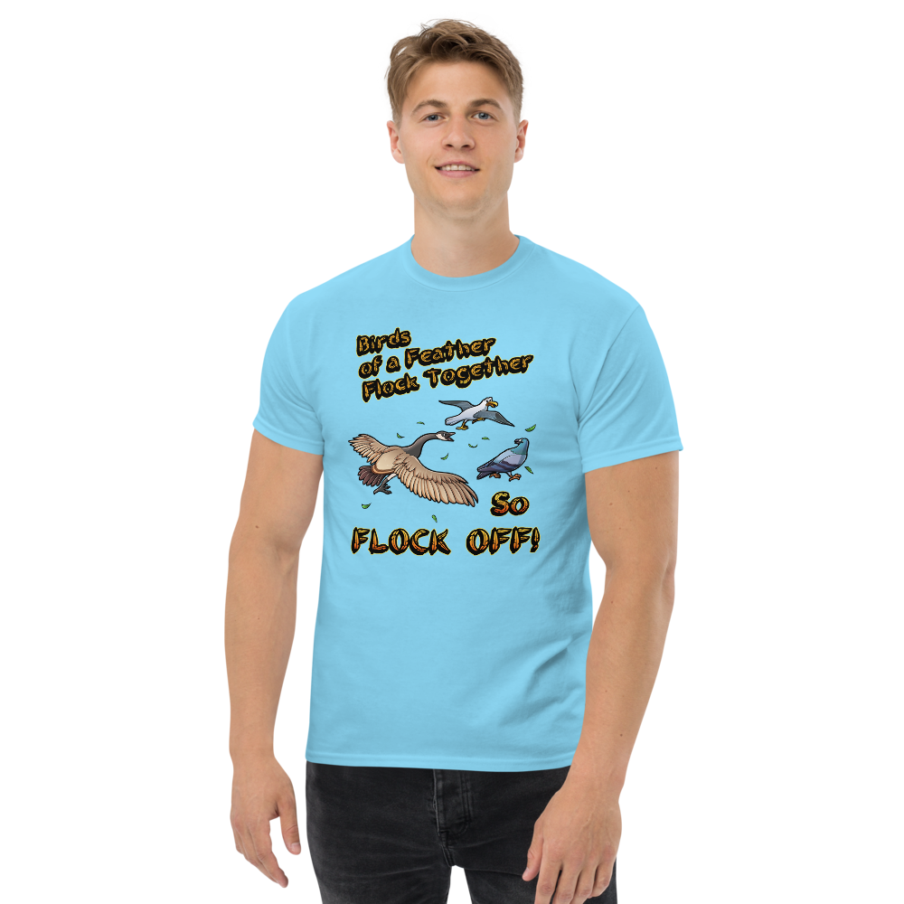 Birds of a Feather Tee, Goose Chasing Seagull and Pigeon while saying FLOCK OFF! Sky Blue Front Model 2