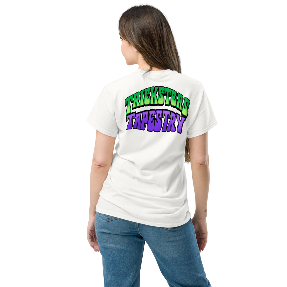 Tricksters Tapestry Jester Logo White Back Model 3