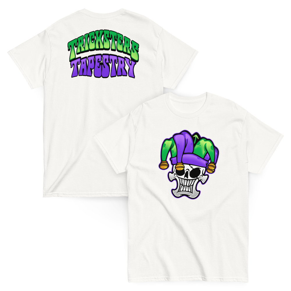 Tricksters Tapestry Jester Logo White Front and Back
