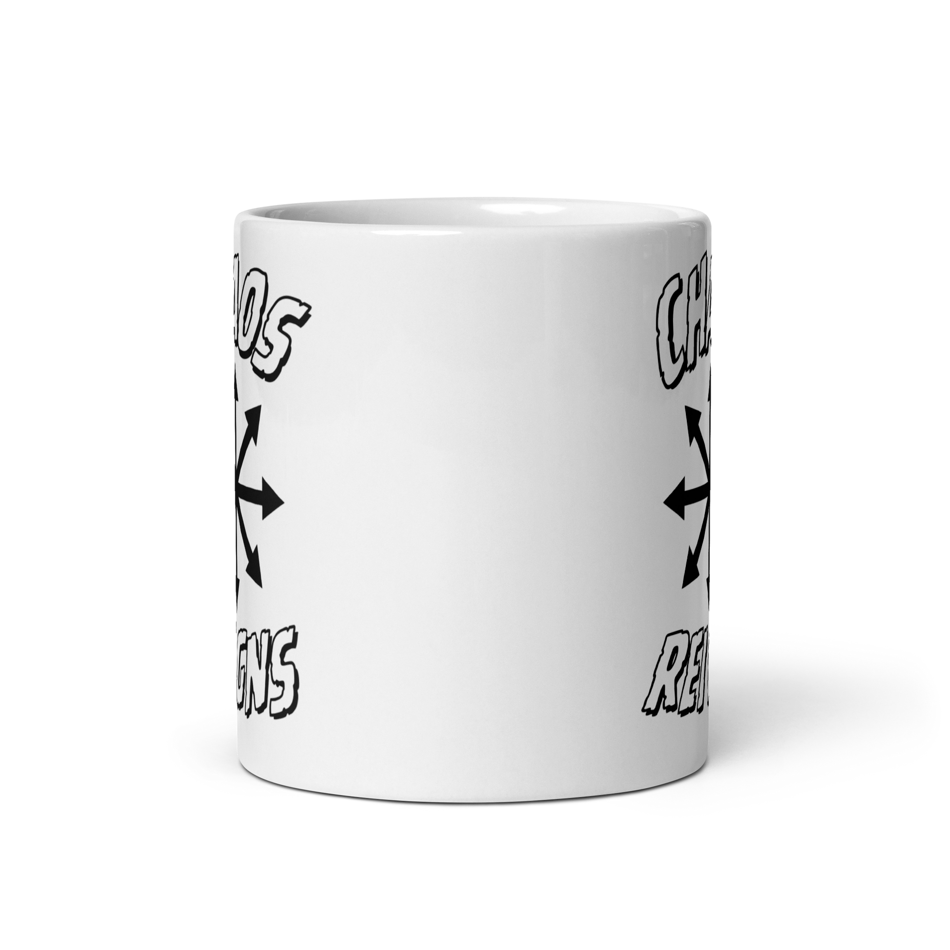 White mug with 'Chaos Reigns' text and symbol on a white background 11 oz front