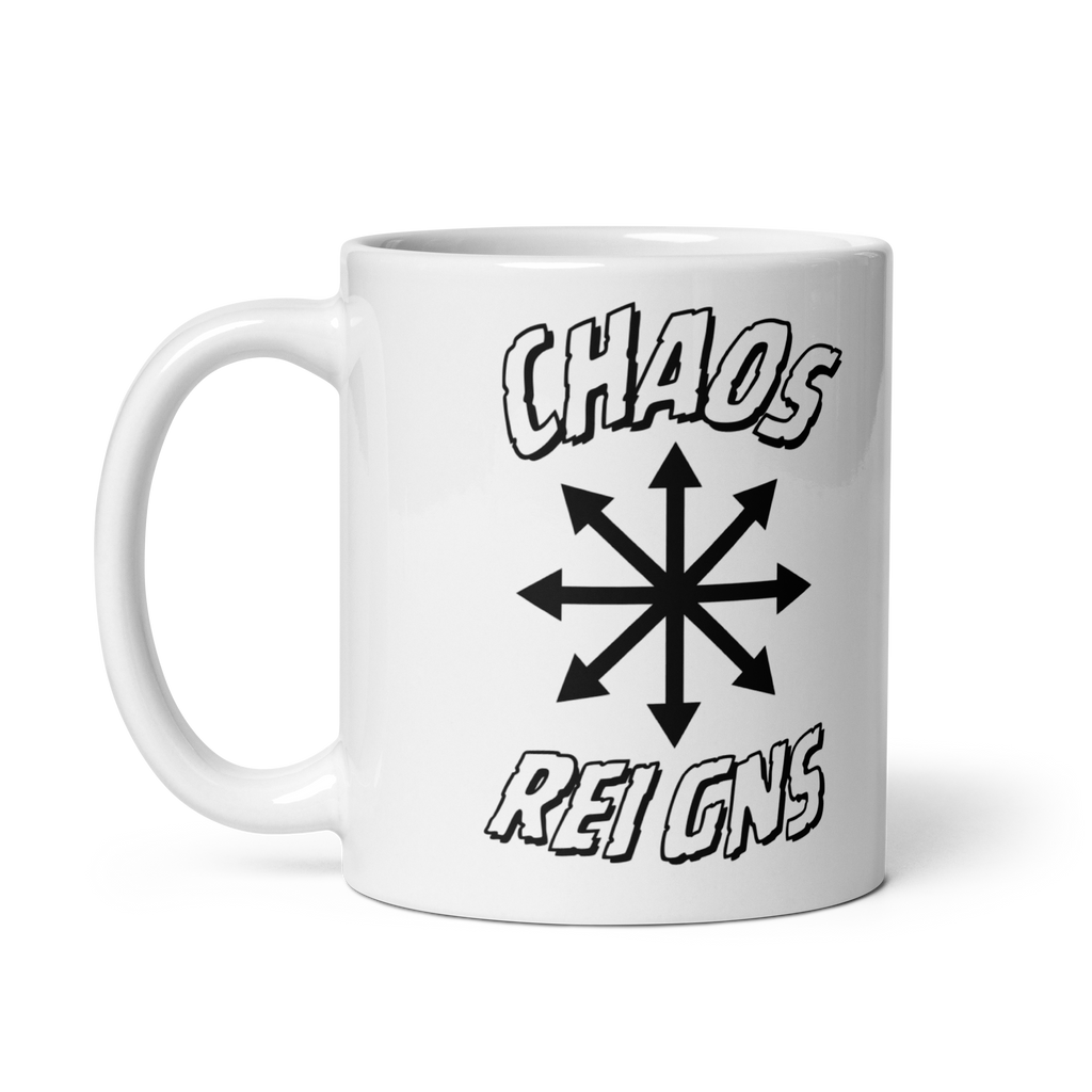 White mug with 'Chaos Reigns' text and symbol on a white background 11 oz right side