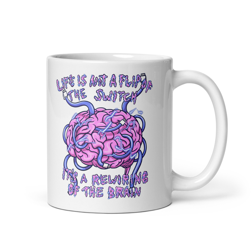 White mug with a brain graphic and motivational quote on a white  background 20 oz left side