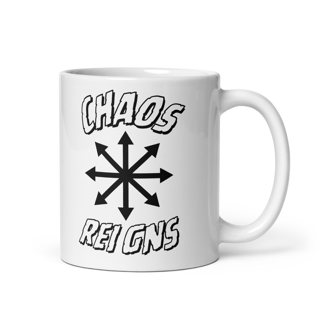 White mug with 'Chaos Reigns' text and symbol on a white background 11 oz left side