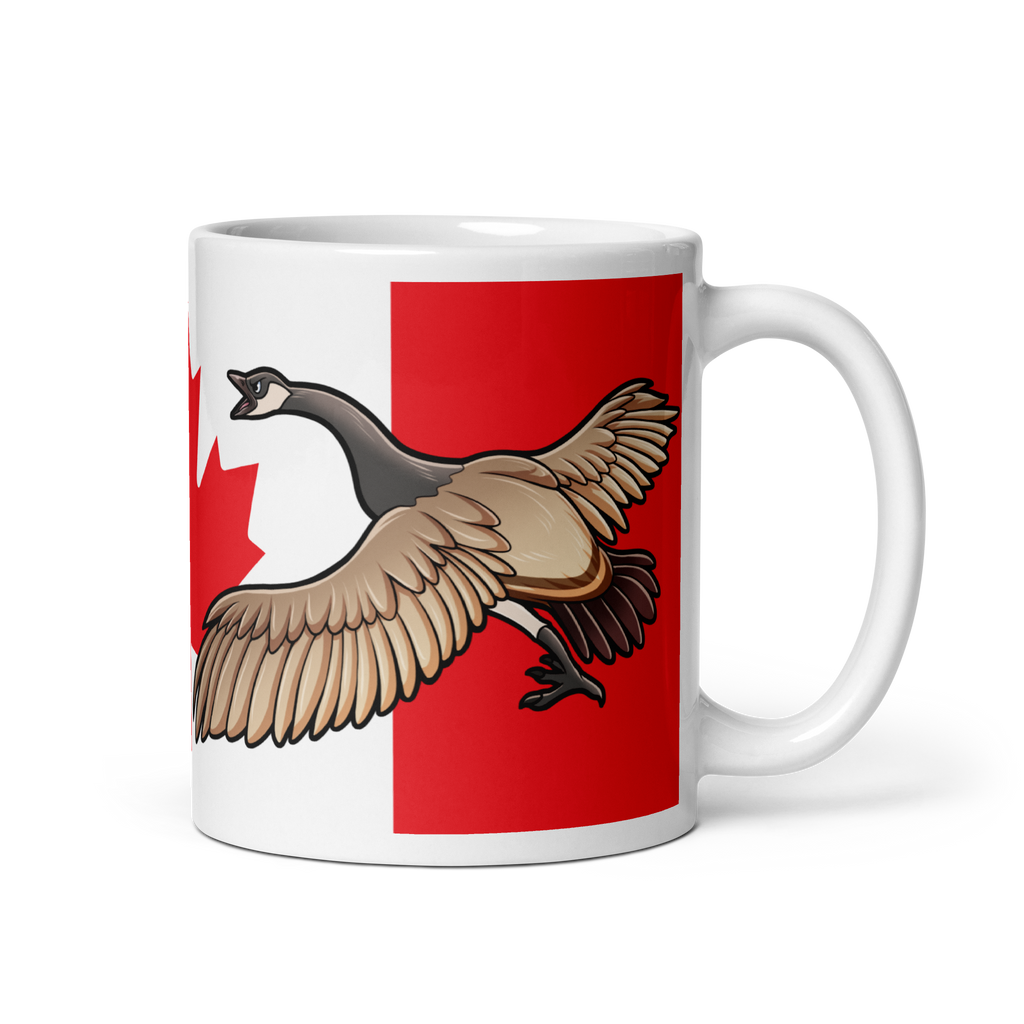 Canadian Geese guarding a Canadian Flag on a white ceramic mug 20 oz left side