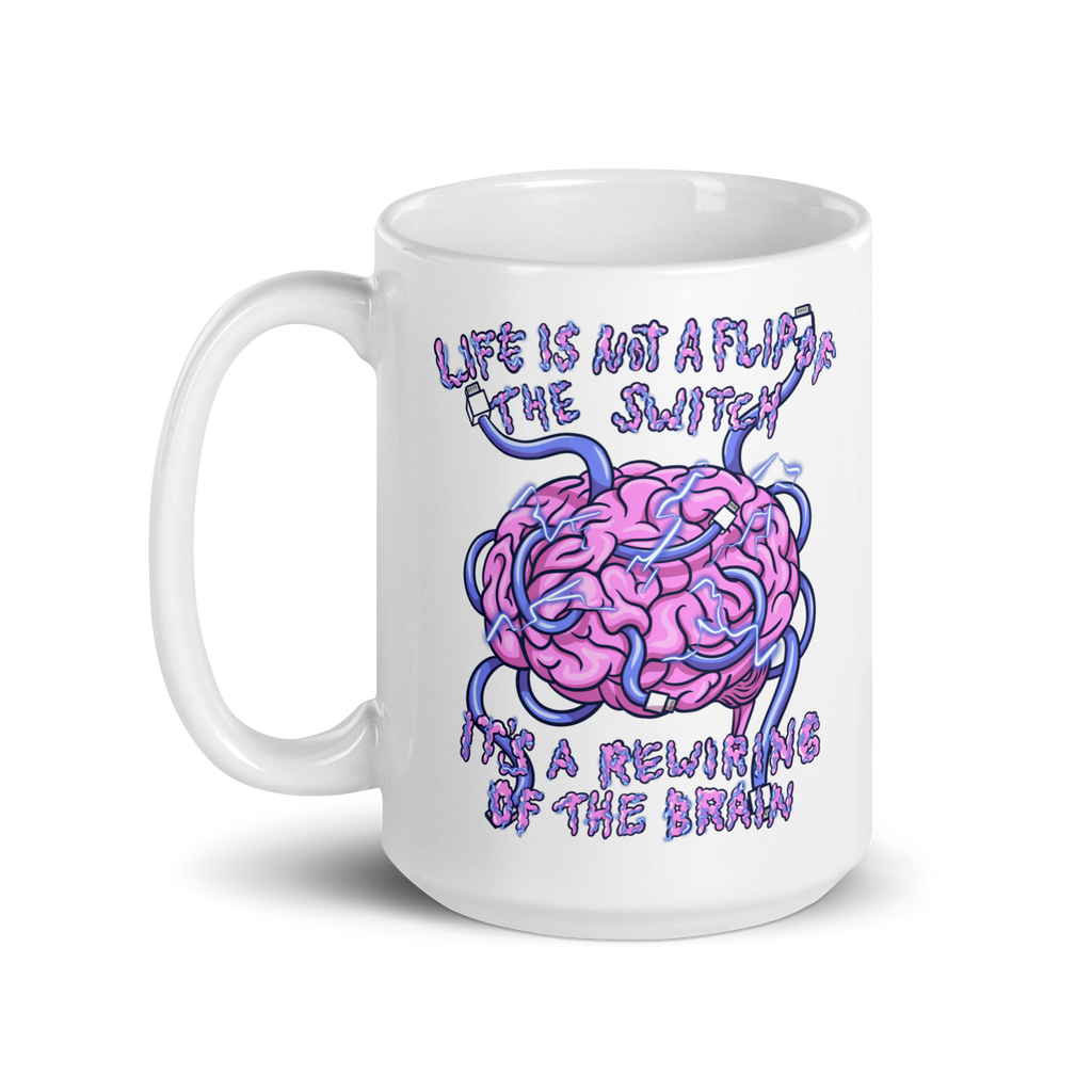 White mug with a brain graphic and motivational quote on a white  background 15 oz right side