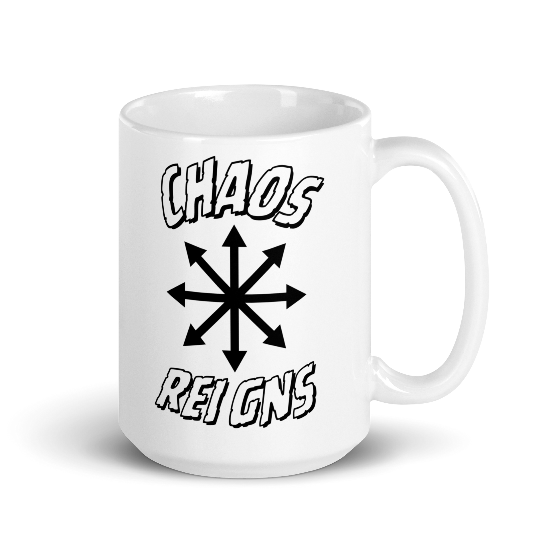  White mug with 'Chaos Reigns' text and symbol on a white background 15 oz left side