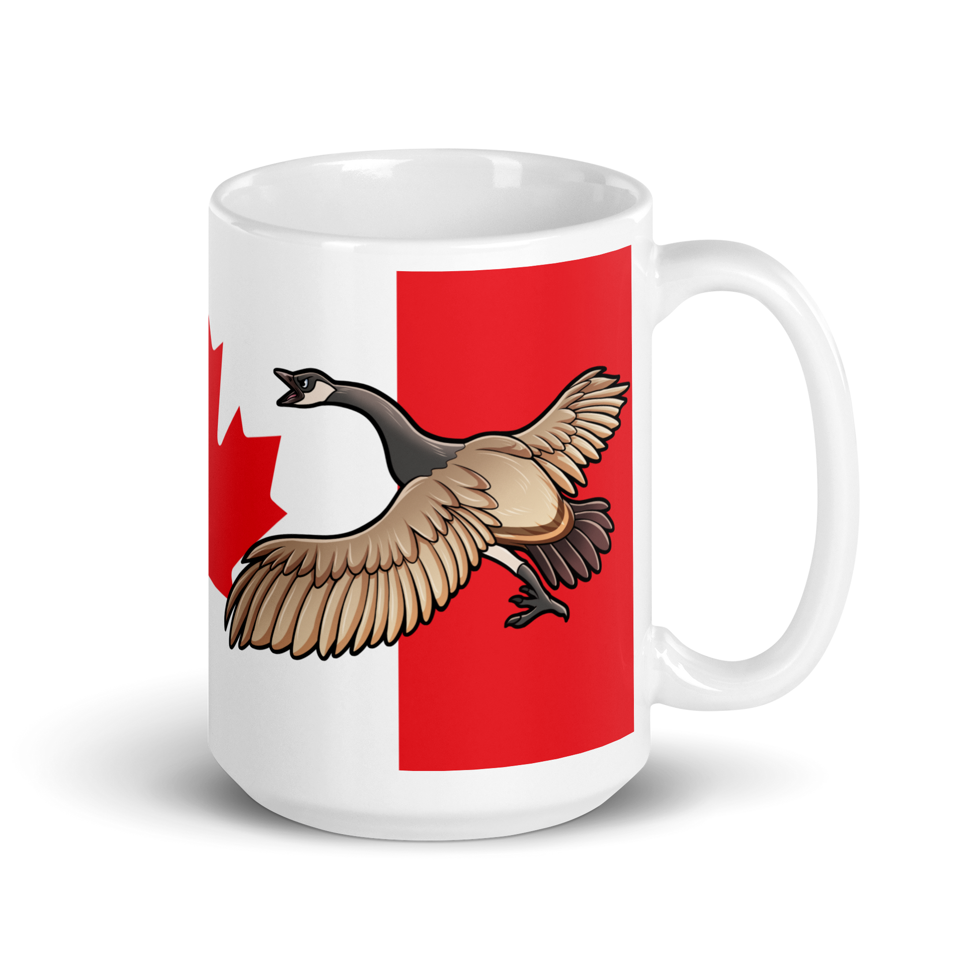 Canadian Geese guarding a Canadian Flag on a white ceramic mug 15 oz left side