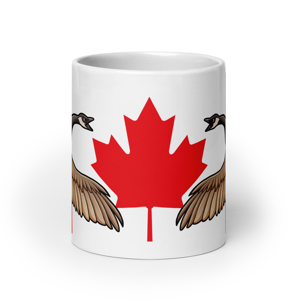 Canadian Geese guarding a Canadian Flag on a white ceramic mug 20 oz front