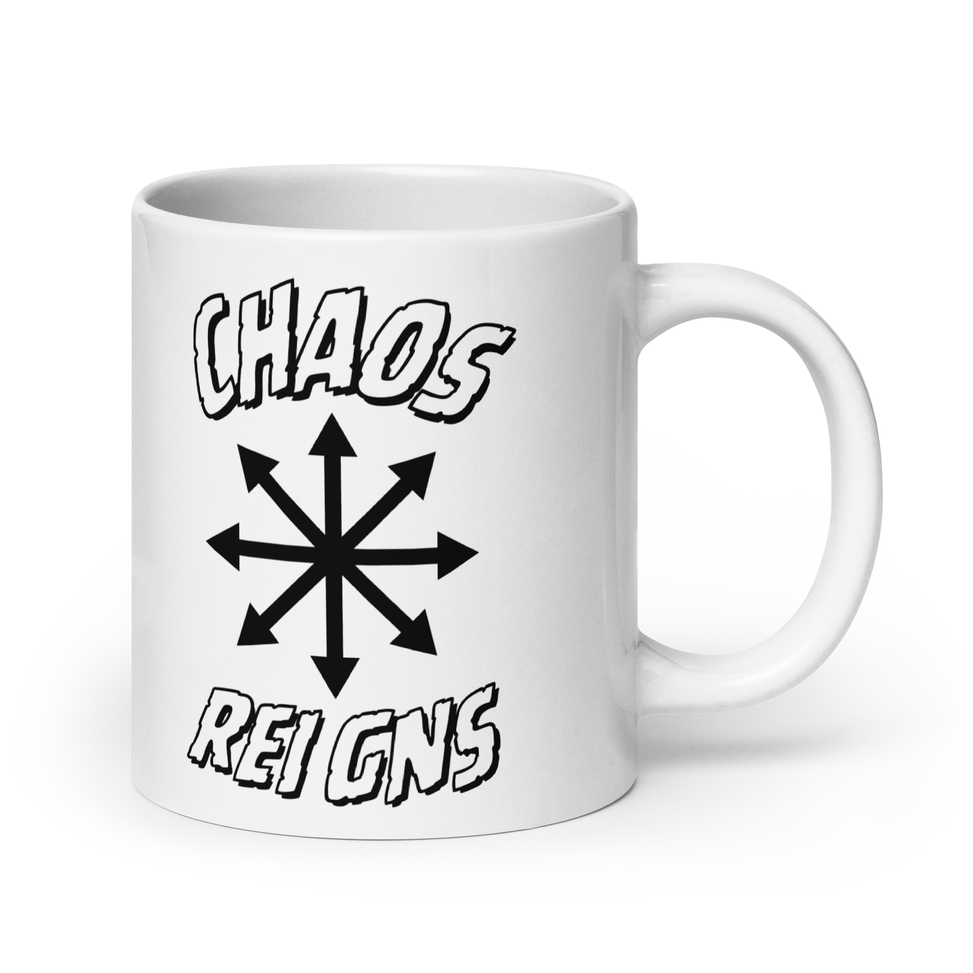 White mug with 'Chaos Reigns' text and symbol on a white background 20 oz left side
