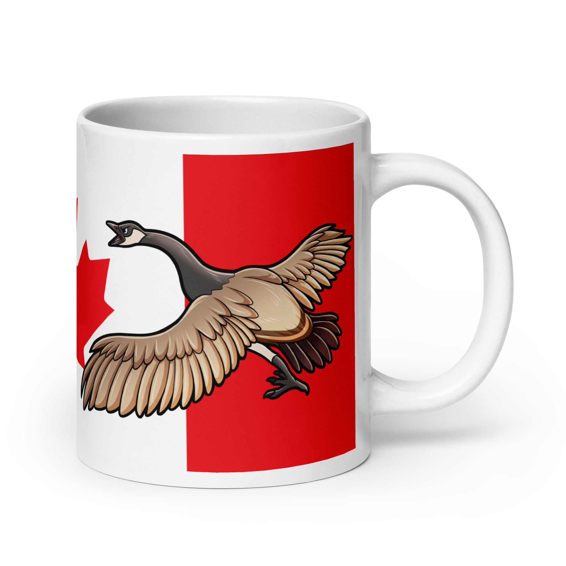 Canadian Geese guarding a Canadian Flag on a white ceramic mug 11 oz left side